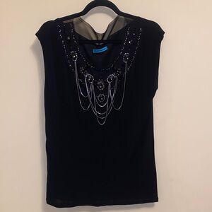 Alice + Olivia Black Embellished Mesh Tank Top Large